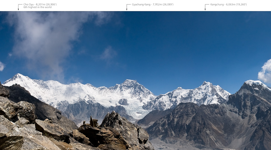 Part 1 of 2 of a Panorama taken from Gokyo Ri showing 4 of the 6 highest mountains in the world - Cho Oyu (26,906'), Everest (29.035'), Lhotse (27,052') and Makalu (26,884')