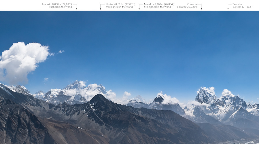 Part 2 of 2 of a Panorama taken from Gokyo Ri showing 4 of the 6 highest mountains in the world - Cho Oyu (26,906'), Everest (29.035'), Lhotse (27,052') and Makalu (26,884')