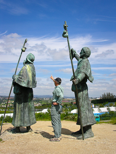 Pilgrims pointing to Santiago, Mont del Gozo (Mount of Joy)